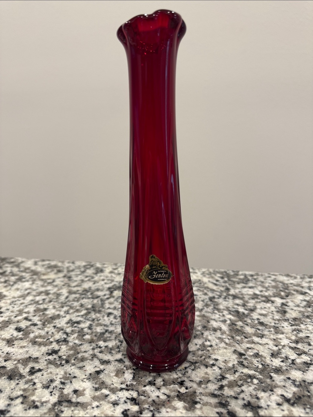 Vintage Fenton 9” Ruby Red Vase with sticker